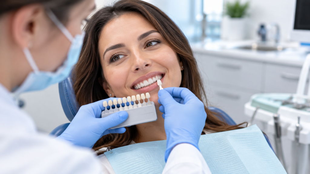 Cosmetic dentist matching porcelain veneer shades for a patient in Ottawa
