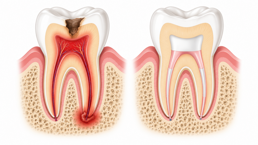 Cross-section illustration of a tooth showing infected pulp treated with a root canal