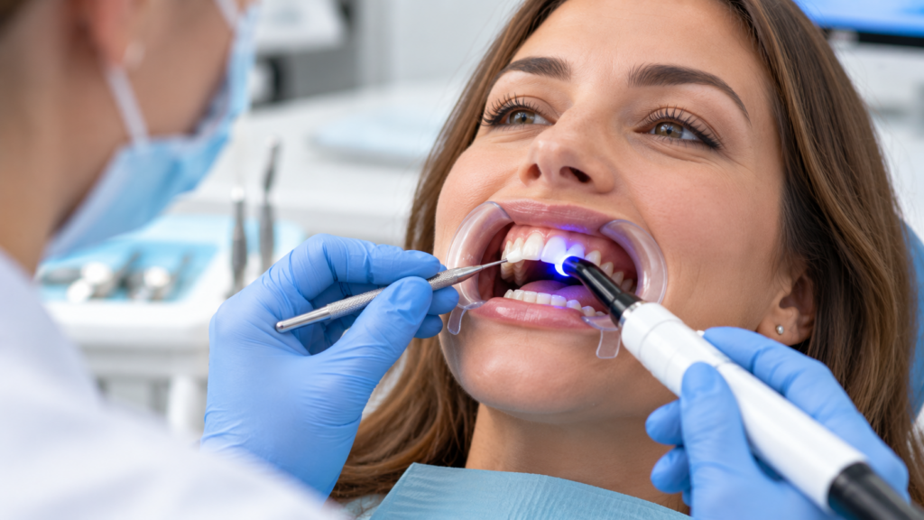 Dental bonding treatment to close small gaps and repair chipped tooth edges