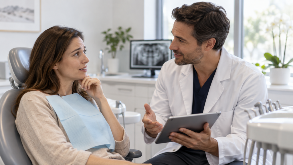 Dentist discussing anxiety management options with a nervous patient in Ottawa
