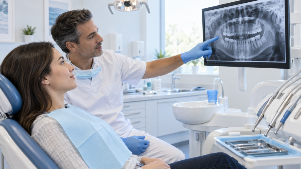 Dentist reviewing digital dental X-rays with a patient during a first checkup after years away