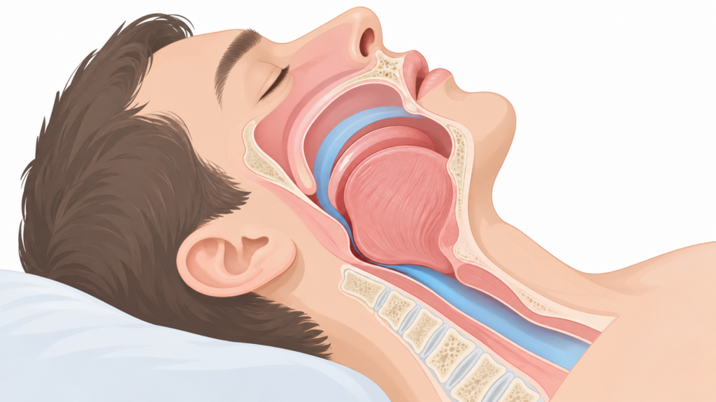 Illustration of an obstructed airway during sleep causing obstructive sleep apnea