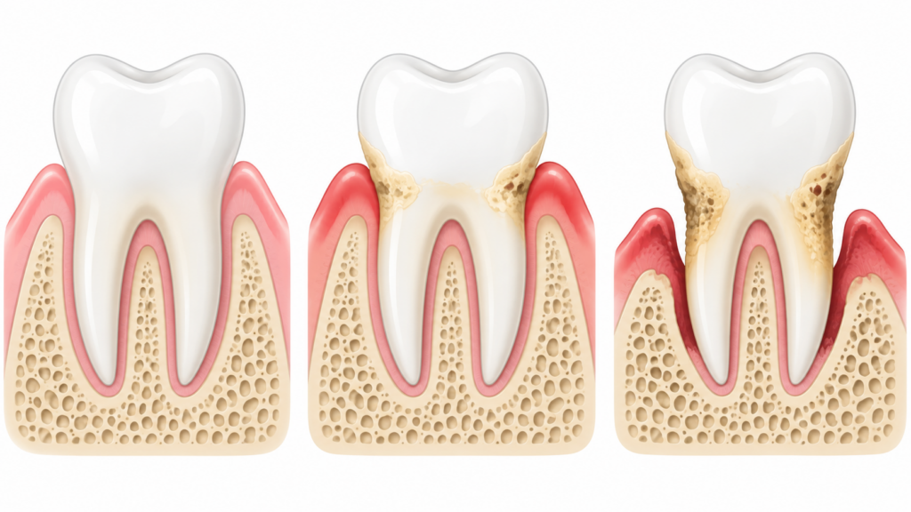 Illustration of the stages of gum disease from healthy gums to gingivitis and periodontitis