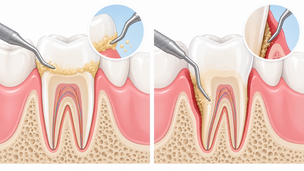 Regular dental cleaning versus deep cleaning (scaling and root planing) comparison illustration