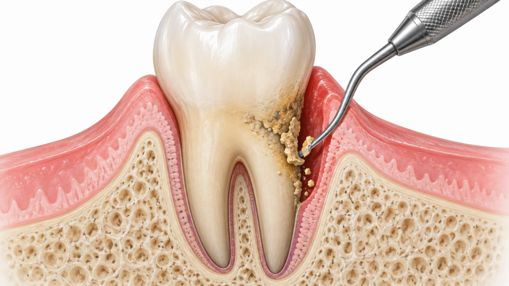Scaling and root planing removing plaque and tartar below the gum line