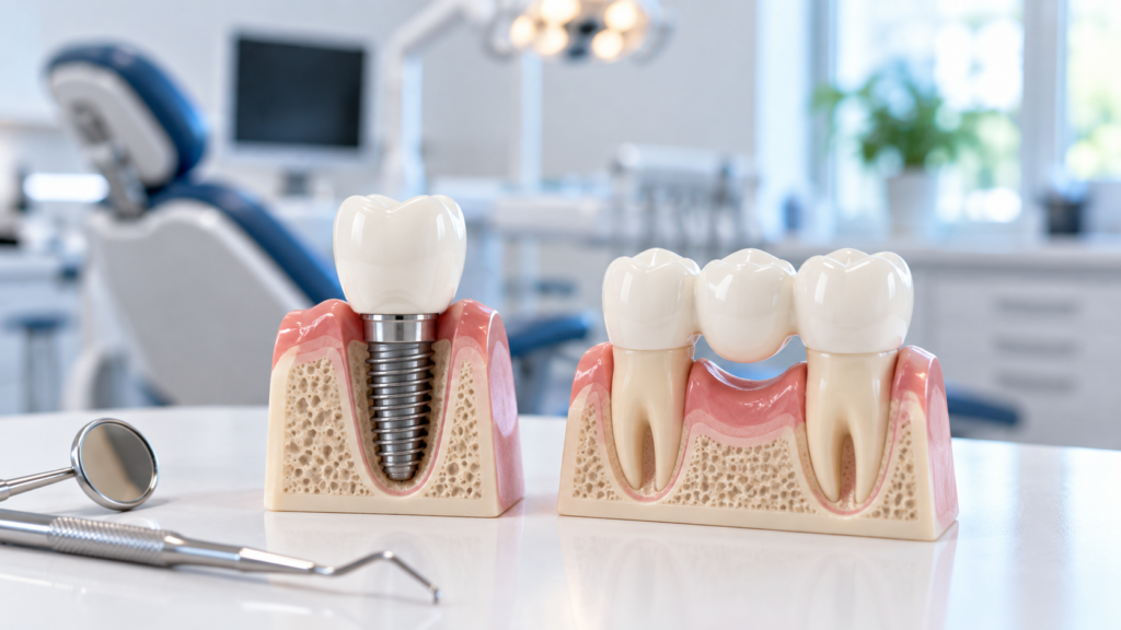 Tooth replacement options after extraction including a dental implant and bridge model