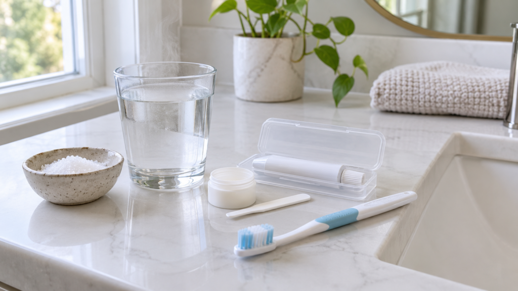 Warm salt water rinse and temporary dental cement kit for a lost filling at home